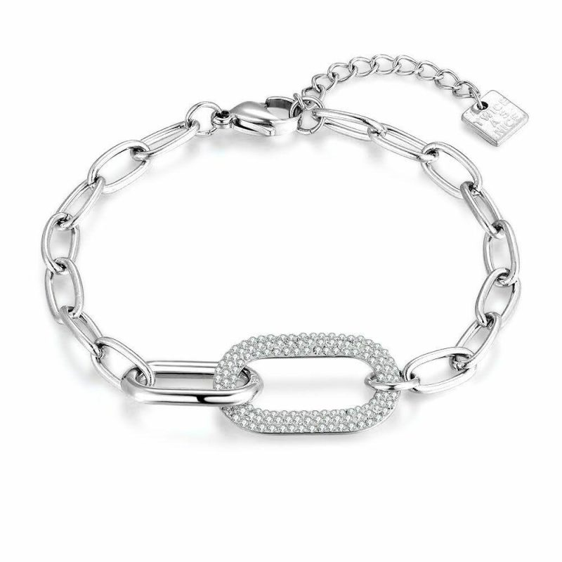 Bracelets | Bracelet en Acier Poli, Ovale Ouvert, Cristaux Blanc – Femmes Bijoux Blanc