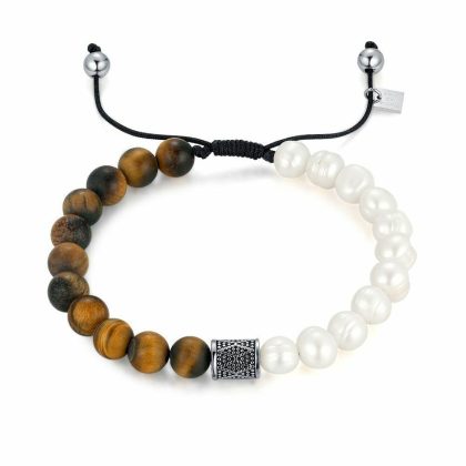 Bracelets | Bracelet en Acier Poli, Perles D’Eau Douce et Pierres Brunes Tiger Eye, Corde Noire Ajustable. Brun – Hommes Bijoux Bracelets