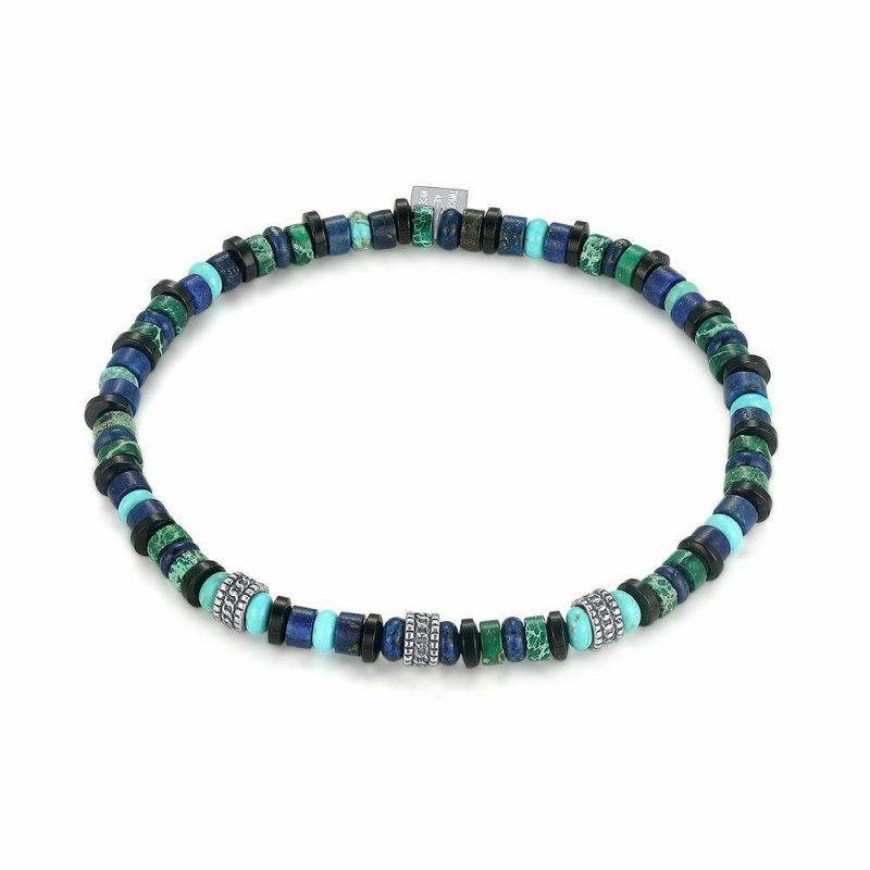 Bracelets | Bracelet en Acier Poli, Perles en Pierre Naturelle Bleues et Vertes Multi – Hommes Bijoux Bracelets