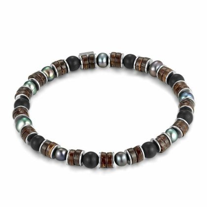 Bracelets | Bracelet en Acier Poli, Perles Grises, Agate Noire, Perles Brunes Noir et brun – Hommes Bijoux Bracelets