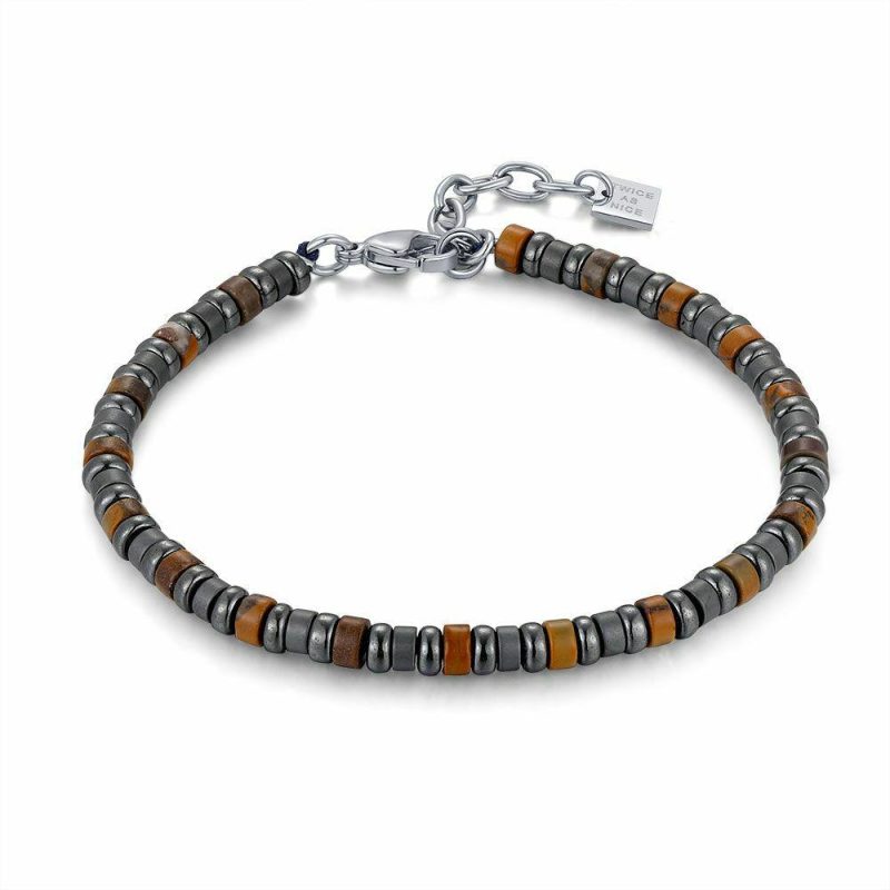 Bracelets | Bracelet en Acier Poli, Petites Bagues en Hématite Brun et Gris Gris – Hommes Bijoux Bracelets