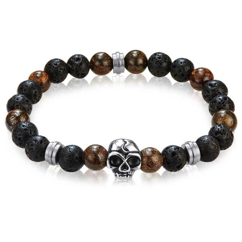 Bracelets | Bracelet en Acier Poli, Pierre Naturelle de Lave Noire, Tête de Mort Noir et brun – Hommes Bijoux Bracelets