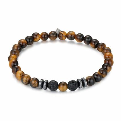 Bracelets | Bracelet en Acier Poli, Pierre Naturelles Oeil de Tigre, Lave Brun – Hommes Bijoux Bracelets