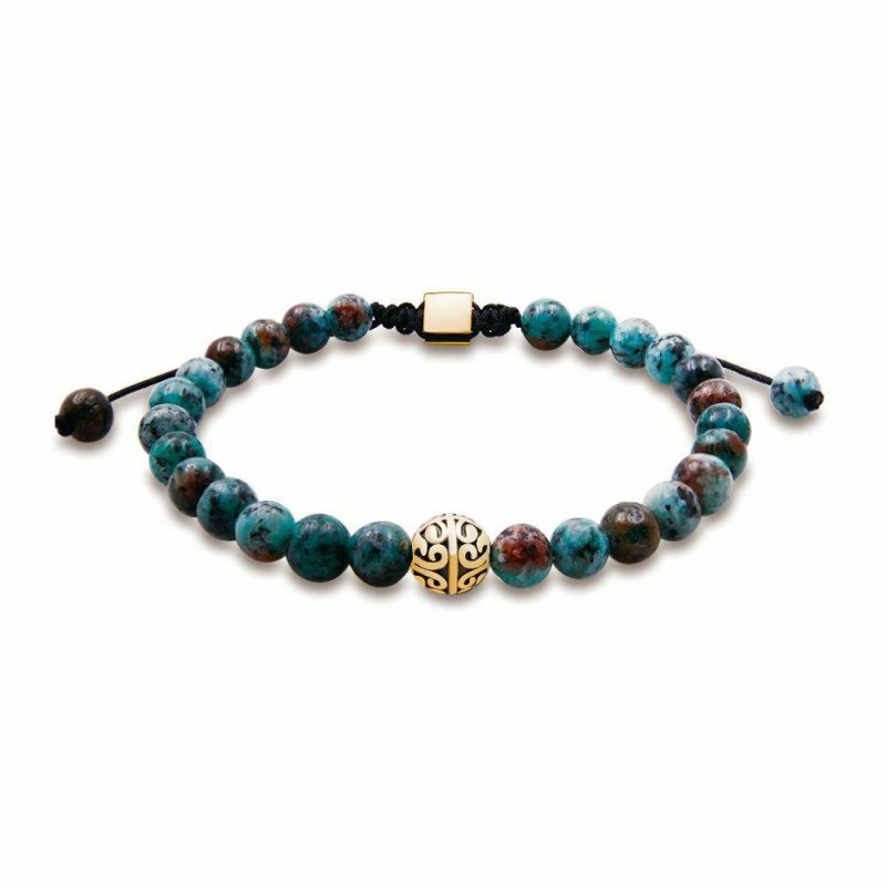 Bracelets | Bracelet en Acier Poli, Pierres de Jade Turquoise de 6Mm et Motif Doré Turquoise – Hommes Bijoux Bracelets