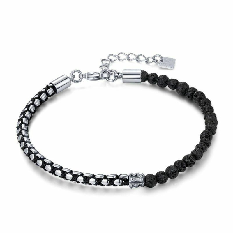 Bracelets | Bracelet en Acier Poli, Pierres de Lave, Chaîne Maille Forcat Noir – Hommes Bijoux Bracelets