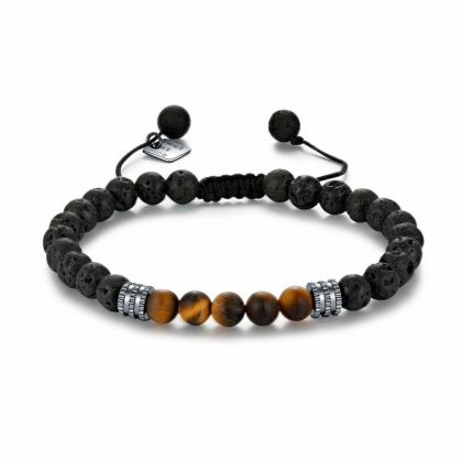 Bracelets | Bracelet en Acier Poli, Pierres de Lave Naturelle et 5 Pierres Naturelles Oeil de Tigre Noir et brun – Hommes Bijoux Bracelets