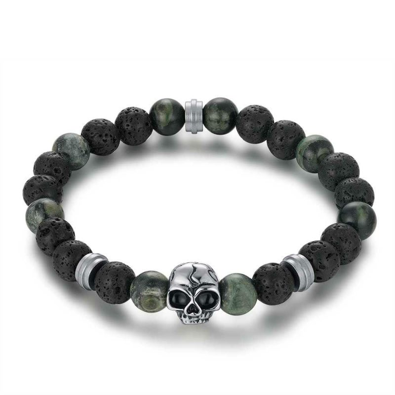 Bracelets | Bracelet en Acier Poli, Pierres de Lave Naturelles, Noires et Vertes, Tête de Mort Noir – Hommes Bijoux Bracelets