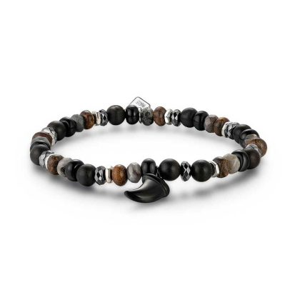 Bracelets | Bracelet en Acier Poli, Pierres Grises et Brunes, Dent Gris – Hommes Bijoux Bracelets