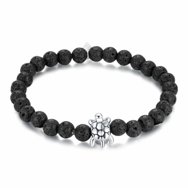 Bracelets | Bracelet en Acier Poli, Pierres Naturelles de De Lave, Tortue Noir – Hommes Bijoux Bracelets