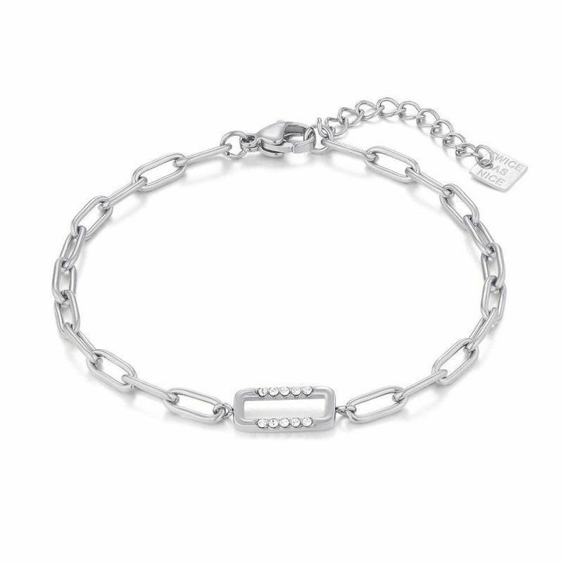 Bracelets | Bracelet en Acier Poli, Rectangle Ouvert, Cristaux Blanc – Femmes Bijoux Blanc