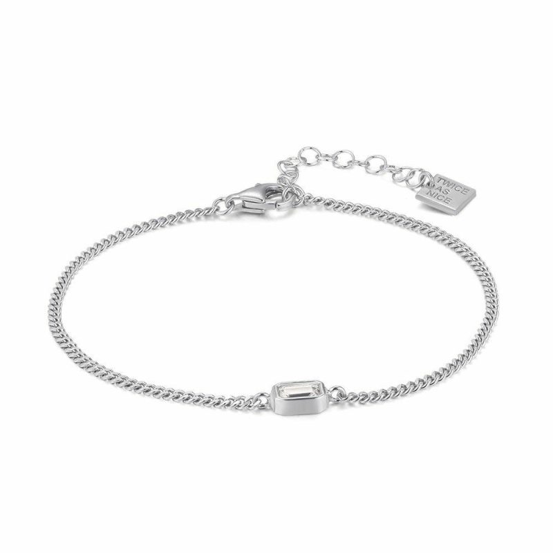 Bracelets | Bracelet en Argent, Chaîne Gourmet, 1 Zircon Rectangulaire Zilverkleur – Femmes Bijoux Bracelets