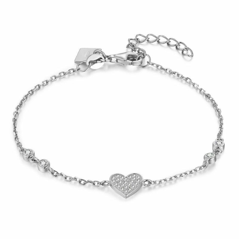 Bracelets | Bracelet en Argent, Coeur Avec Zircons, 4 Zircons Blanc – Femmes Bijoux Blanc