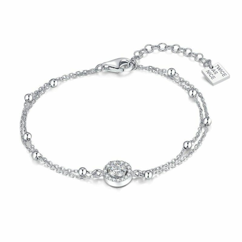 Bracelets | Bracelet en Argent, Double Chaîne Avec Boules en Argent, Zircone Rond Blanc – Femmes Bijoux Blanc