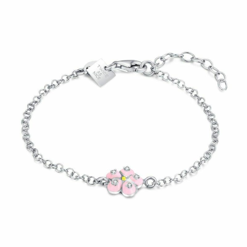 Bracelets | Bracelet en Argent, Fleur Rose, 5 Zircons Rose – Enfants Bijoux Bracelets