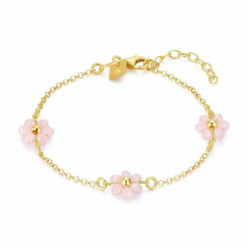 Bracelets | Bracelet en Argent Plaqué Or 18Ct, 3 Fleurs, Pierres Roses Rose – Femmes Bijoux Bracelets