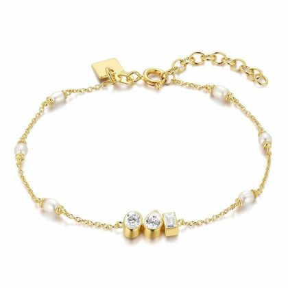 Bracelets | Bracelet en Argent Plaqué Or 18Ct, 3 Pierres et 6 Perles Blanc – Femmes Bijoux Blanc