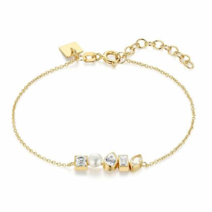 Bracelets | Bracelet en Argent Plaqué Or 18Ct, 4 Pierres et Perle Blanc – Femmes Bijoux Blanc