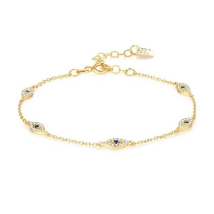 Bracelets | Bracelet en Argent Plaqué Or 18Ct, 5 Yeux, Zircons Blancs et Bleus Blanc – Femmes Bijoux Blanc