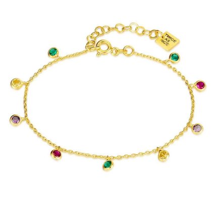 Bracelets | Bracelet en Argent Plaqué Or 18Ct, 9 Pendentifs Zircons Multicolores, Ronds Multi – Femmes Bijoux Bracelets