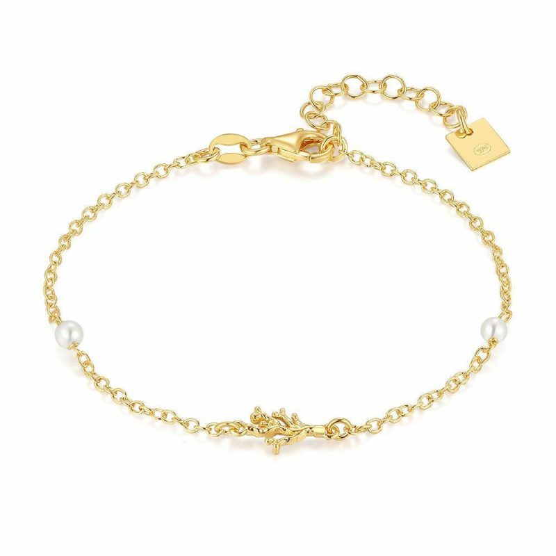 Bracelets | Bracelet en Argent Plaqué Or 18Ct, Branche et Perles Blanc – Femmes Bijoux Blanc