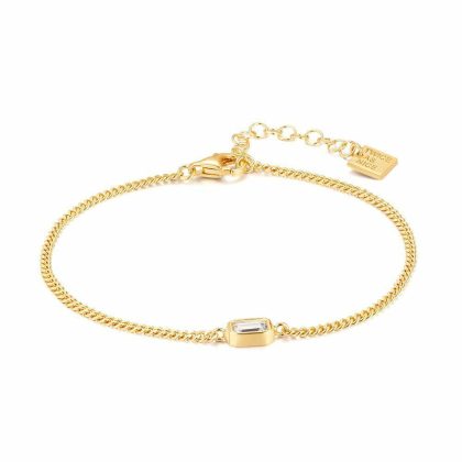 Bracelets | Bracelet en Argent Plaqué Or 18Ct, Chaîne Gourmet, 1 Zircon Rectangulaire Goudkleur – Femmes Bijoux Bracelets