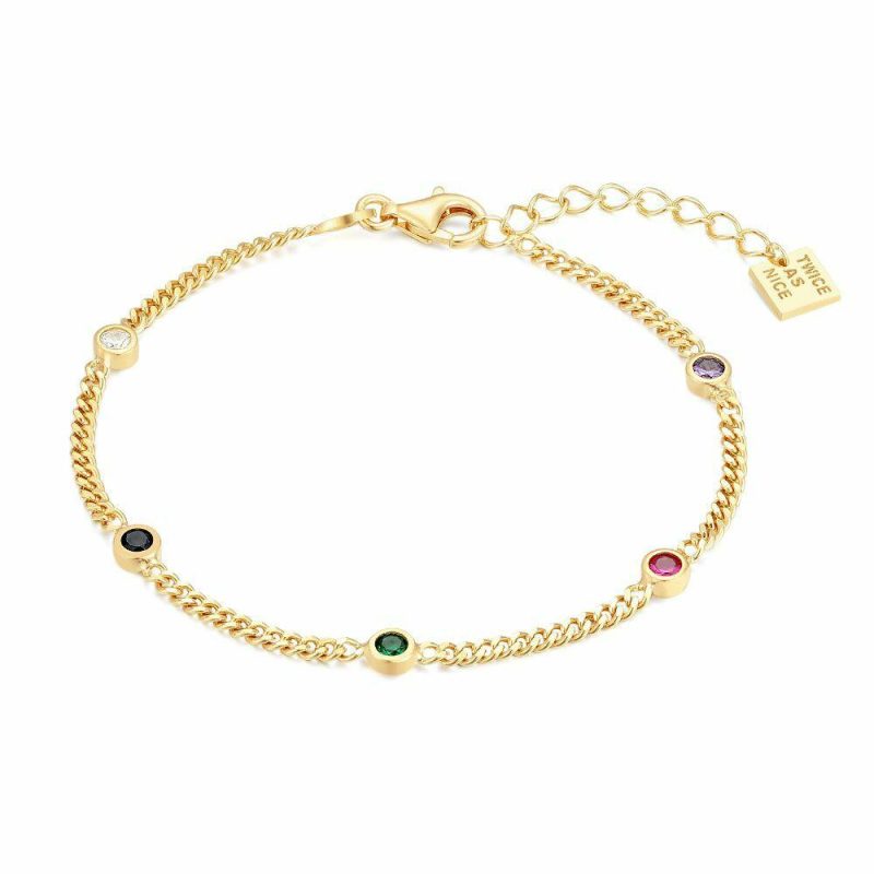 Bracelets | Bracelet en Argent Plaqué Or 18Ct, Chaîne Gourmet, 5 Zircons Multicolores Multi – Femmes Bijoux Bracelets