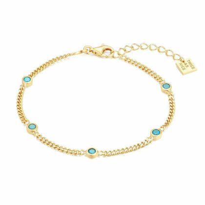 Bracelets | Bracelet en Argent Plaqué Or 18Ct, Chaîne Gourmet, 5 Zircons Turquoise Turquoise – Femmes Bijoux Bracelets