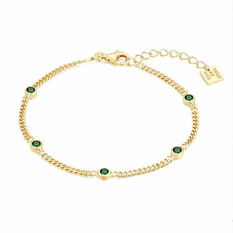 Bracelets | Bracelet en Argent Plaqué Or 18Ct, Chaîne Gourmet, 5 Zircons Verts Vert – Femmes Bijoux Bracelets