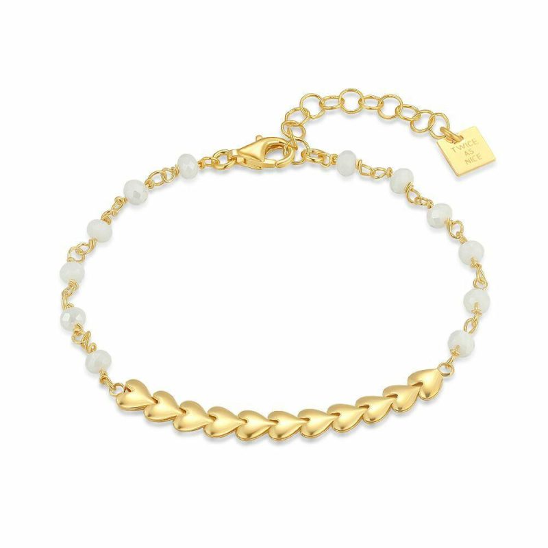 Bracelets | Bracelet en Argent Plaqué Or 18Ct, Coeurs et Pierres Blanches Blanc – Femmes Bijoux Blanc