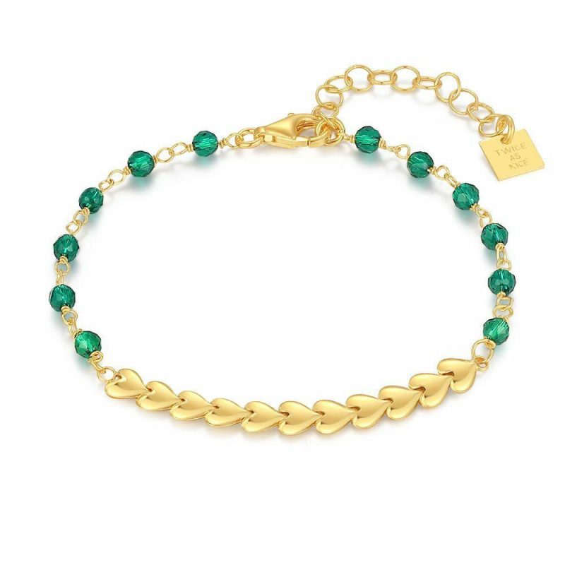 Bracelets | Bracelet en Argent Plaqué Or 18Ct, Coeurs et Pierres Vertes Vert – Femmes Bijoux Bracelets