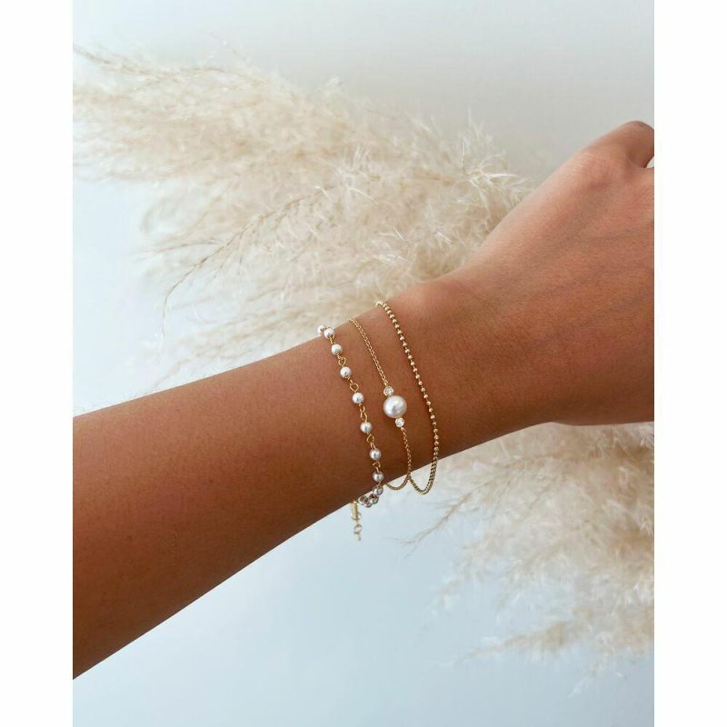 Bracelets | Bracelet en Argent Plaqué Or 18Ct, Perle, 2 Pierres Blanc – Femmes Bijoux Blanc