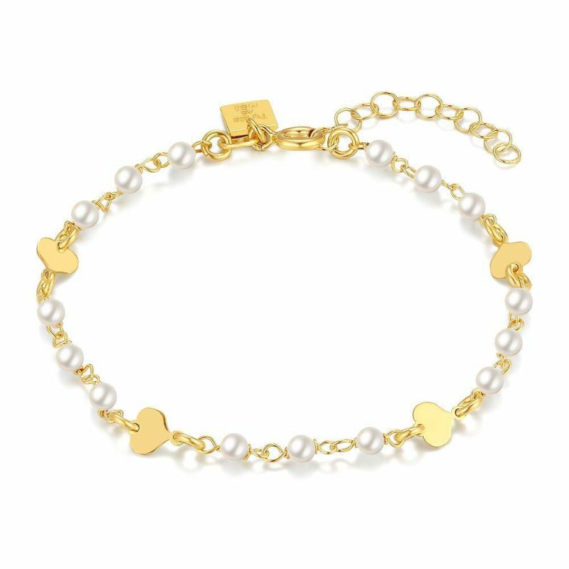 Bracelets | Bracelet en Argent Plaqué Or 18Ct, Perles et Coeurs Blanc – Femmes Bijoux Blanc