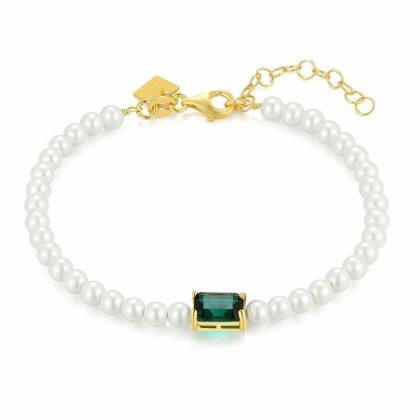 Bracelets | Bracelet en Argent Plaqué Or 18Ct, Perles et Zirconia Vert Vert – Femmes Bijoux Bracelets