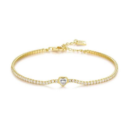 Bracelets | Bracelet en Argent Plaqué Or 18Ct, Zircons Blancs et Peit Coeur Blanc – Femmes Bijoux Blanc