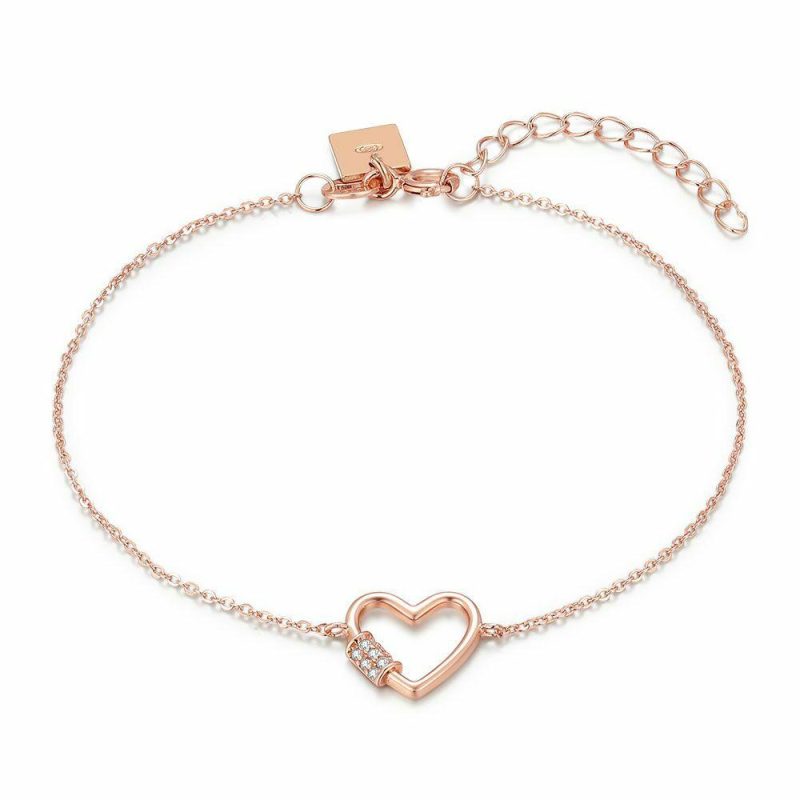 Bracelets | Bracelet en Argent Rosé, Coeur Avec Pierres Blanc – Femmes Bijoux Blanc