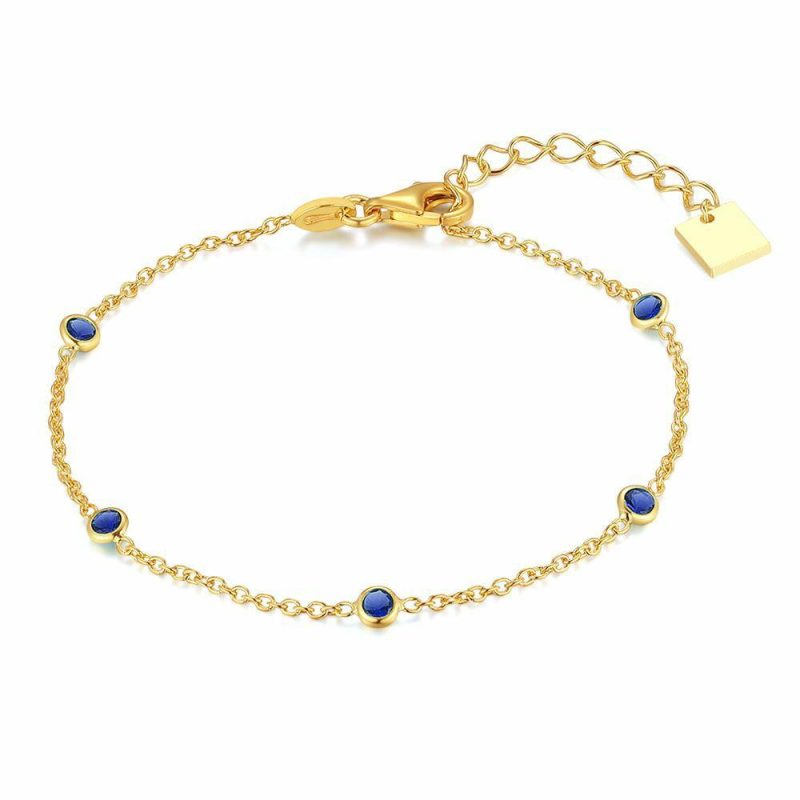 Bracelets | Bracelet en Argent, Ton Or, 5 Pierres Rondes en Zircon Bleu Bleu – Femmes Bijoux Bleu