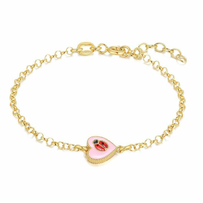 Bracelets | Bracelet en Argent, Ton Or, Bracelet Avec Un Coeur Rose et Une Coccinelle Multi – Enfants Bijoux Bracelets