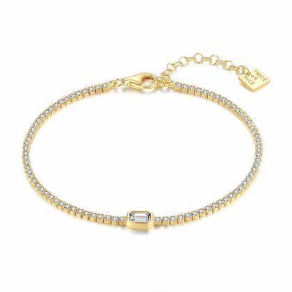 Bracelets | Bracelet en Argent, Ton Or, Bracelet Tennis Avec 1 Zircone Rectangulaire Plus Grande Blanc – Femmes Bijoux Blanc