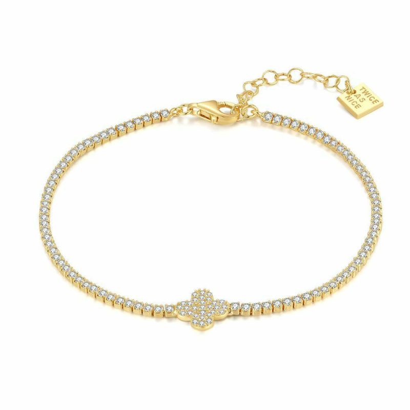 Bracelets | Bracelet en Argent, Ton Or, Bracelet Tennis Avec Un Trèfle et Des Pierres en Zircon Blanc Blanc – Femmes Bijoux Blanc