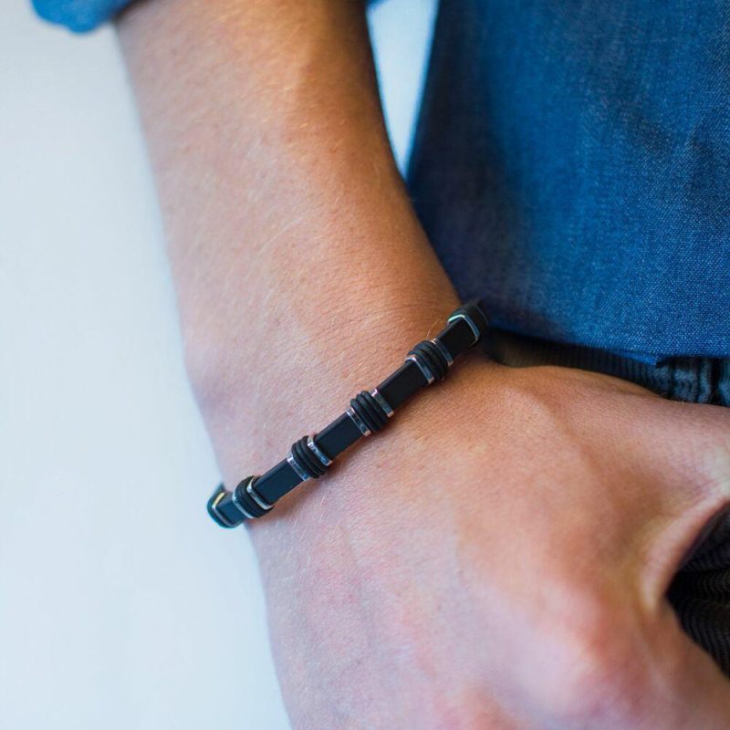 Bracelets | Bracelet en Caoutchouc et Acier Poli Noir – Hommes Bijoux Bracelets