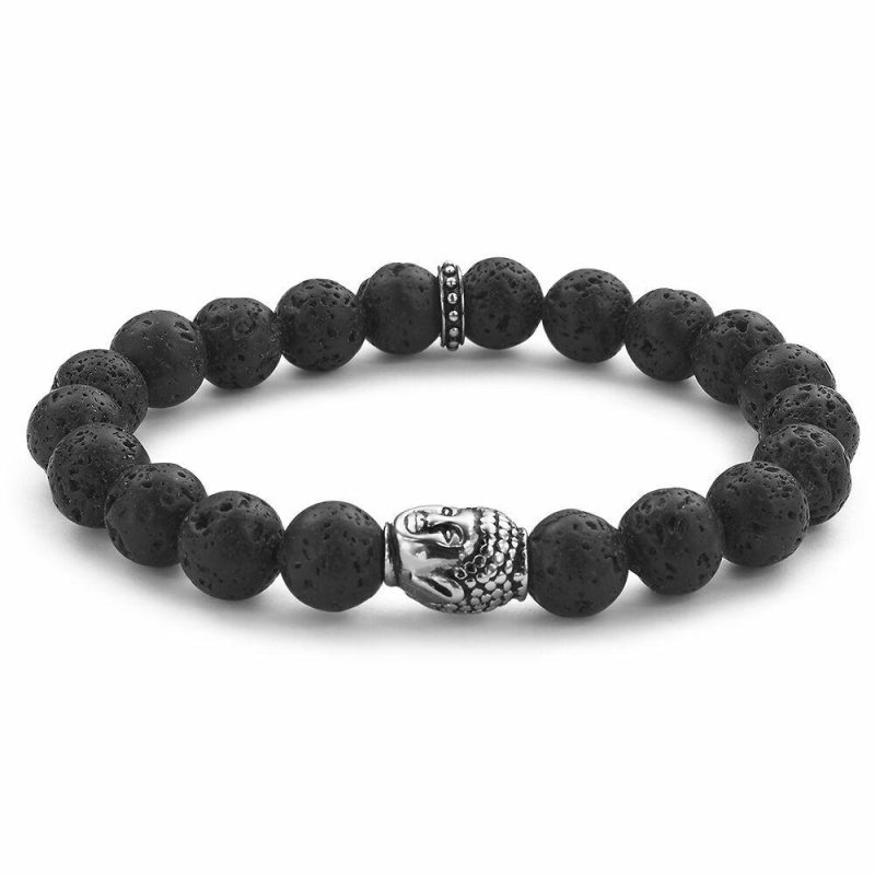 Bracelets | Bracelet Pierre Naturelle de Lave 10Mm, Motif Bouddha Noir – Hommes Bijoux Bracelets