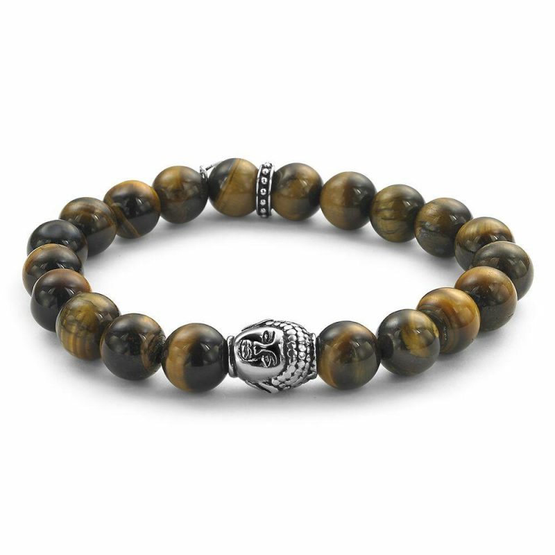 Bracelets | Bracelet Pierre Naturelle Oeil de Tigre 10Mm, Motif Bouddha Brun – Hommes Bijoux Bracelets