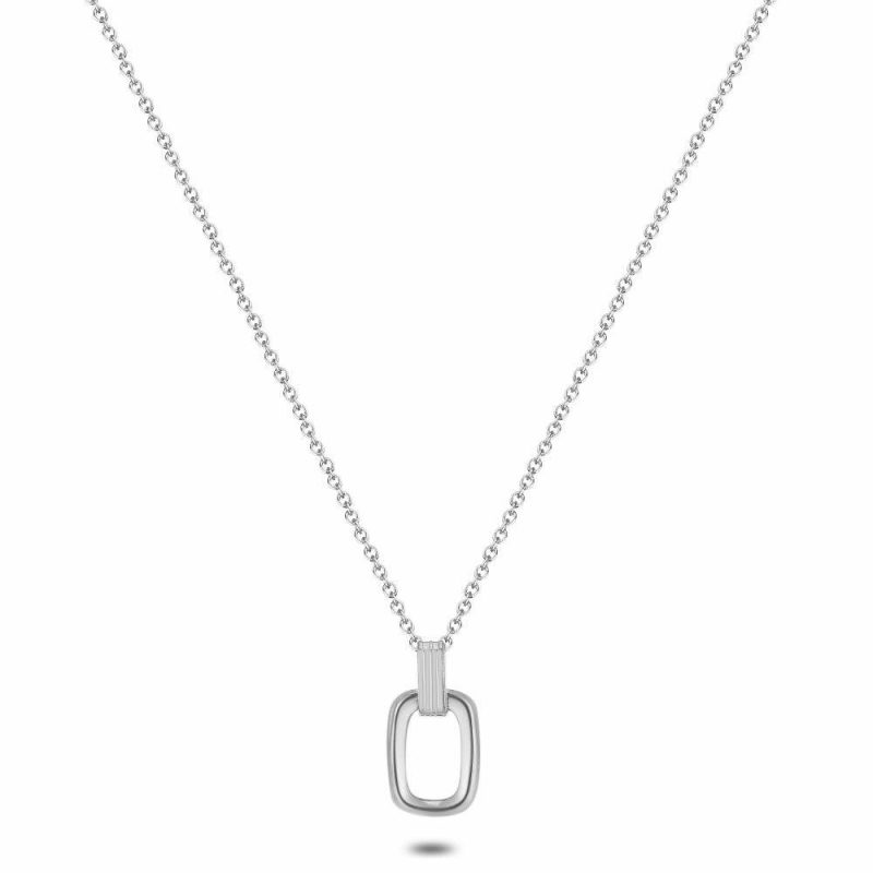 Colliers | Collier en Acier Poli, Couleur Argent, Rectangle Ouvert Arrondi, Longueur Ajustable. Zilverkleur – Femmes Bijoux Colliers