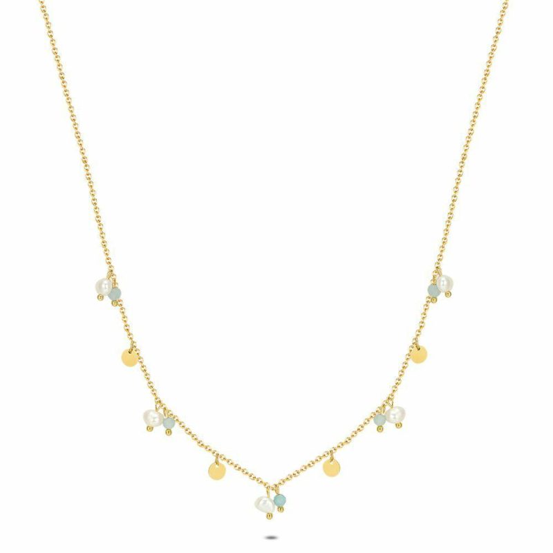 Colliers | Collier en Acier Poli Couleur Or, 5 Perles Bleu ciel – Femmes Bijoux Bleu ciel