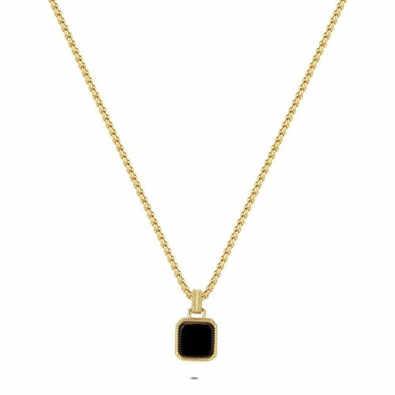 Colliers | Collier en Acier Poli Couleur Or, Agate Noire Noir – Femmes Bijoux Colliers