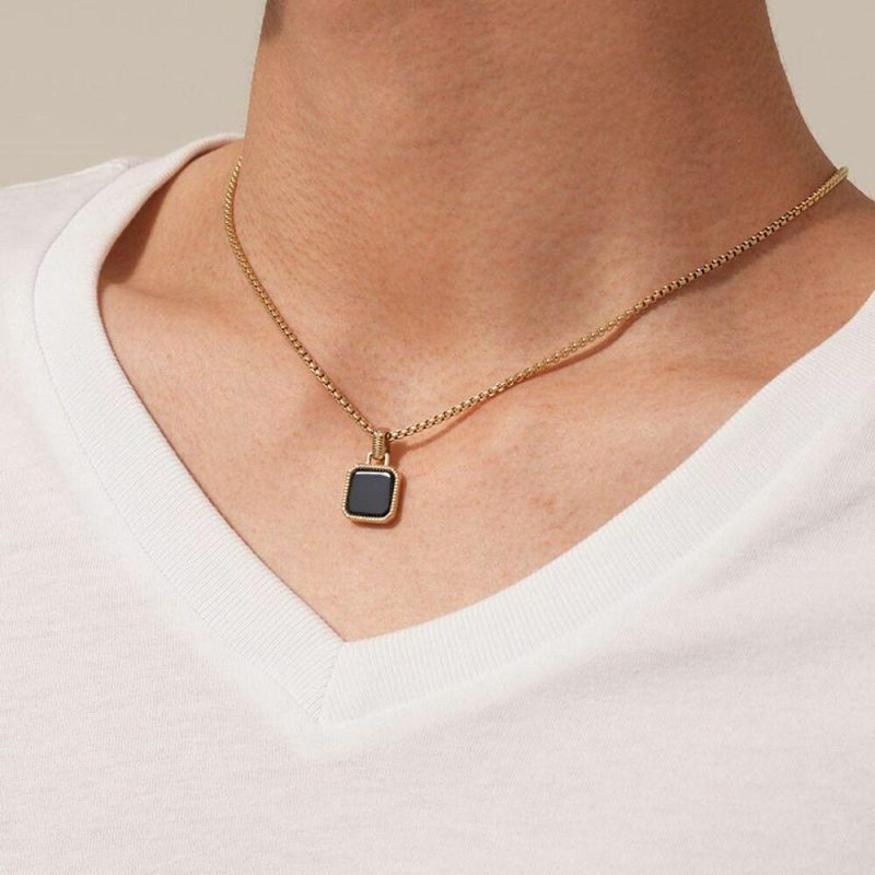 Colliers | Collier en Acier Poli Couleur Or, Agate Noire Noir – Femmes Bijoux Colliers