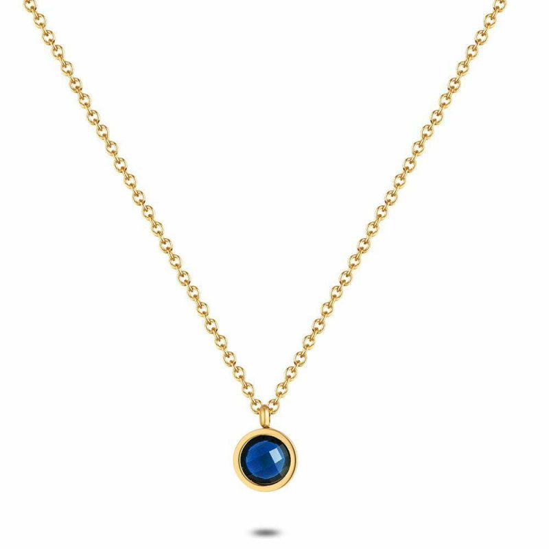 Colliers | Collier en Acier Poli Couleur Or, Cristal Rond Bleu Bleu – Femmes Bijoux Bleu