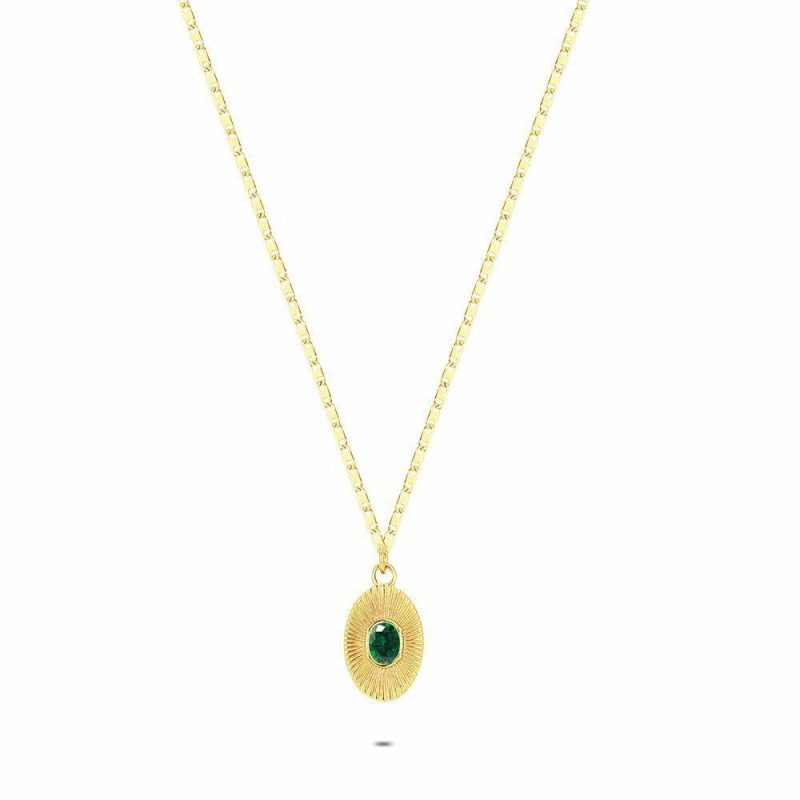 Colliers | Collier en Acier Poli Couleur Or, Ovale, Cristal Vert Vert – Femmes Bijoux Colliers