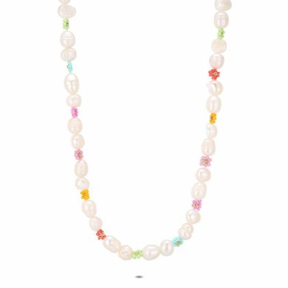 Colliers | Collier en Acier Poli Couleur Or, Perles et Fleurs Multi – Femmes Bijoux Colliers