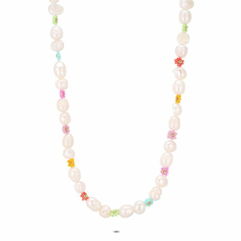 Colliers | Collier en Acier Poli Couleur Or, Perles et Fleurs Multi – Femmes Bijoux Colliers